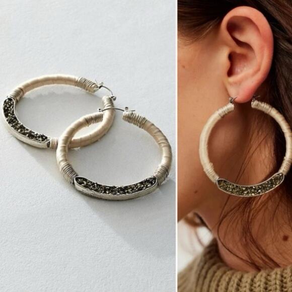 Free People Whitney Hoops Neutral Silver NWT Western Bohemian Earrings Stones - Picture 1 of 11